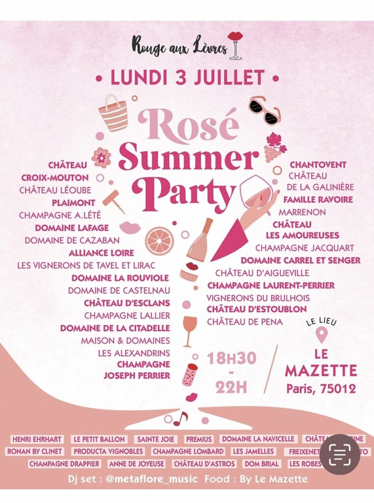 Rouge aux Lèvres donne rendez-vous aux amateurs de vins sur la péniche Mazette pour la Rosé Summer Party, le lundi 3 juillet. 