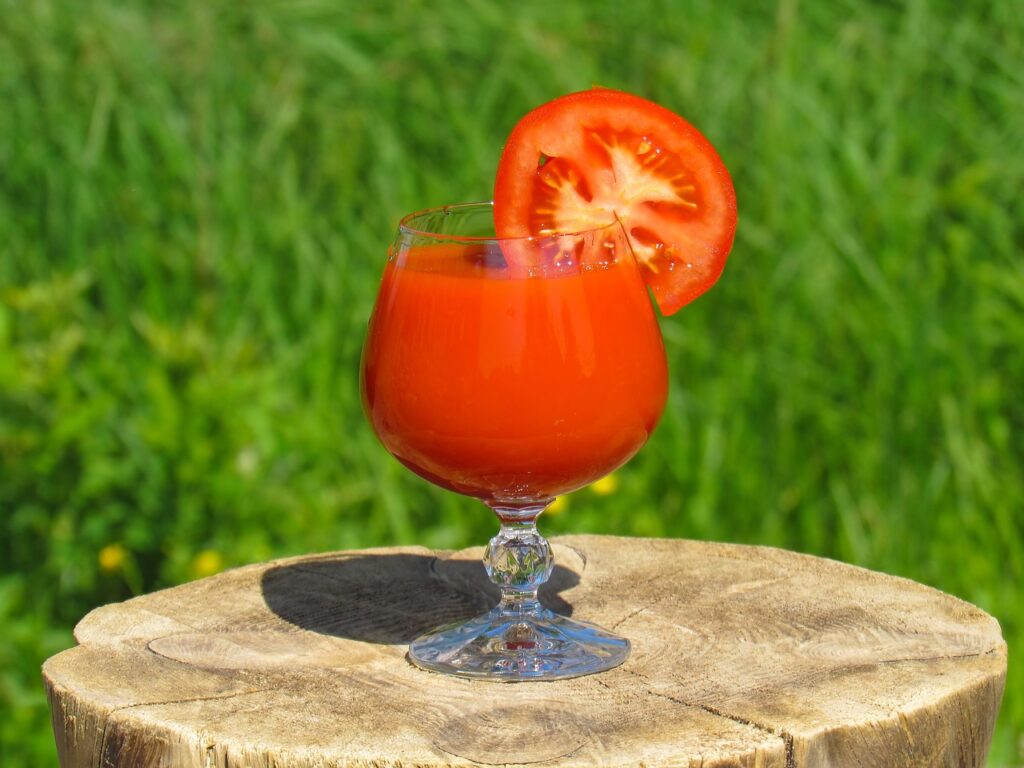 verre à pied rempli de jus de tomate avec une rondelle sur le coté. Il est posé sur un rondin de bois devant une pelouse verte