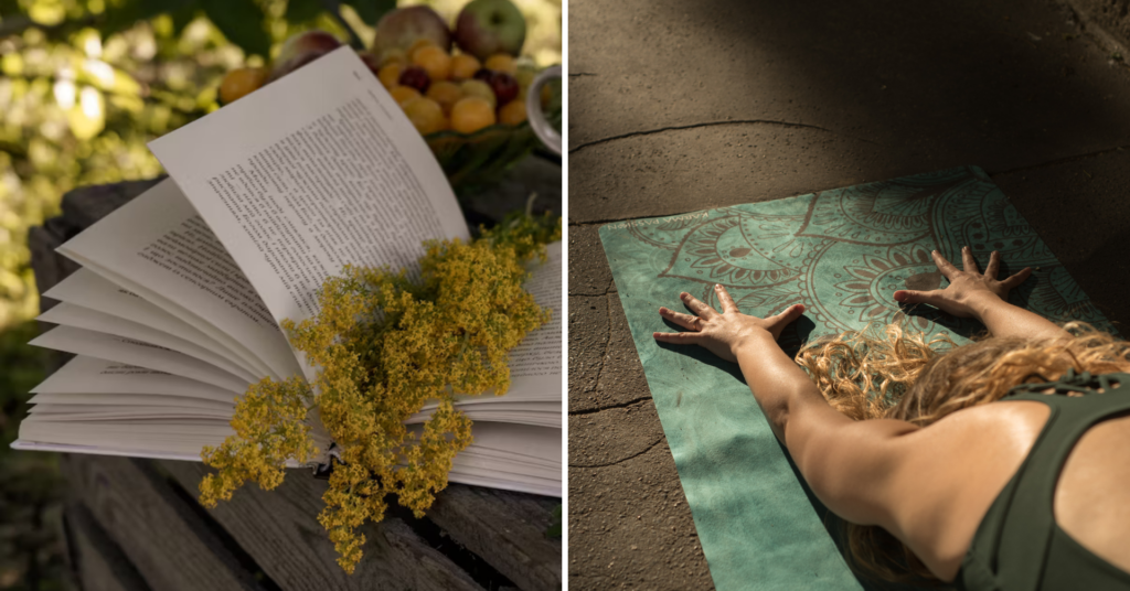 Photo d'une femme penchant son buste par terre, bras en avant. Et photo d'un livre avec des fleurs.