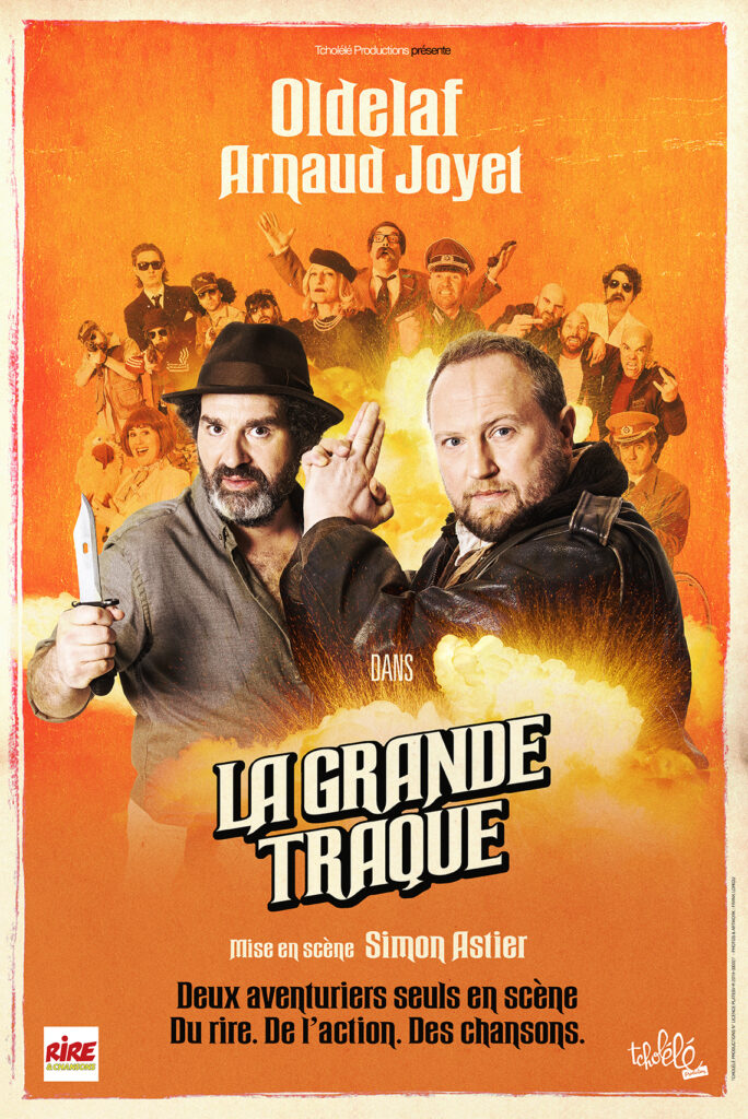 Affiche La Grande Traque avec deux comédiens tenant un coteau et un pistolet fait avec leurs mains.
