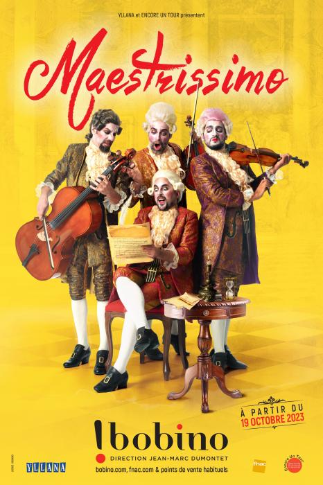 Affiche Maetrissimo représentant quatre hommes musiciens en habits du 18e siècle avec des perruques 